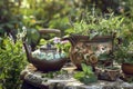 Hot herb tea in a rustic pot, ready to brew and soothe, surrounded by a garden of herbs