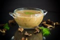 hot homemade vegetable vegetarian soup with dried mushrooms in a glass bowl Royalty Free Stock Photo