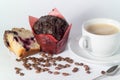 Hot invigorating coffee with chocolate flavored cake