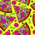 Hot Italian pizza slice with salami, rucola, tomatoes, onion, olives and cheese, hand drawn doodle, sketch in pop art style