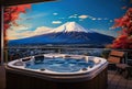 hot jakuzzi bathtub with water on winter mountain background, Fuji peak and warm bath