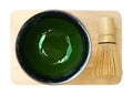 Hot Japanese organic matcha green tea ceremony with bamboo wisk on wood tray top view isolated on white background