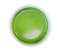 Hot Japanese organic matcha green tea latte top view isolated on white