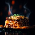 Hot just-cooked lasagna with melted cheese. Smoke going up from the piece. Close up. Black backdrop. Generative AI