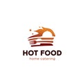 Hot kitchen grill food catering restaurant logo with flame fire, cloche dish cover, fork, knife and frying pan icon symbol