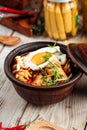 Hot korean chocken ramen noodles with fried egg Royalty Free Stock Photo