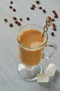 Hot latte or coffee in the glass with coffee beans, marshmallows on the gray concrete background Royalty Free Stock Photo