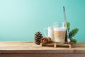 Hot Latte macchiato coffee cup on wooden table. Christmas menu Royalty Free Stock Photo