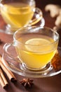 Hot lemon ginger cinnamon tea in glass cup Royalty Free Stock Photo