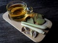 Hot lemongrass and ginger tea on wood dish fresh and aroma Royalty Free Stock Photo