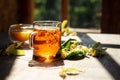 Hot linden blossom drink, honey and flowering branch