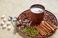 Hot masala tea with various spices on the brown plate: cinnamon, nutmeg, cardamom, anise stars. Aromatic coffee Royalty Free Stock Photo