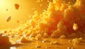 Hot melted cheese explodes with liquid motion and solid pieces flying. This bright yellow dairy splash creates an energetic, Royalty Free Stock Photo