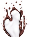 Hot melted chocolate and milk sauce or syrup with drops and splatters, pouring chocolate wave or flow splash, cocoa drink or cream Royalty Free Stock Photo