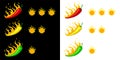 Hot mexican chili pepper. Green red yellow hot peppers with fire levels of gradation of the spicy. Vector