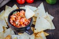 Hot mexican salsa - spicy dip with nachos - chips from corn Royalty Free Stock Photo