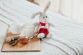 Hot milk in a glass cup and honey on wooden board. Treatment of children drink. folk remedies in bed. Soft toy Royalty Free Stock Photo