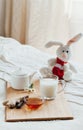 Hot milk in a glass cup and honey on wooden board. Treatment of children drink. folk remedies in bed. Soft toy Royalty Free Stock Photo