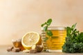 Hot mint and thyme tea with ginger root, lemon and honey, light concrete background. Herbal tea Royalty Free Stock Photo