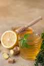 Hot mint and thyme tea with ginger root, lemon and honey, light concrete background. Herbal tea Royalty Free Stock Photo