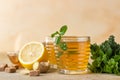 Hot mint and thyme tea with ginger root, lemon and honey, light concrete background. Herbal tea Royalty Free Stock Photo