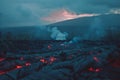 Hot molten lava streaming volcano eruption stream hot boiling magma venus other planet surface destruction flowing fire Royalty Free Stock Photo