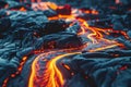 Hot molten lava streaming volcano eruption stream hot boiling magma venus other planet surface destruction flowing fire Royalty Free Stock Photo