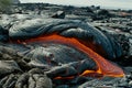 Hot molten lava streaming volcano eruption stream hot boiling magma venus other planet surface destruction flowing fire Royalty Free Stock Photo