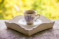 Hot morning coffee in small blue and white floral design cup on shabby chic vintage white tray on window sill in front of summer Royalty Free Stock Photo