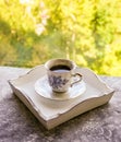 Hot morning coffee in small blue and white floral design cup on shabby chic vintage white tray on window sill in front of summer Royalty Free Stock Photo