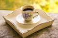 Hot morning coffee in small blue and white floral design cup on shabby chic vintage white tray on window sill in front of summer Royalty Free Stock Photo