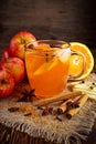 Hot Mulled apple cider with cinnamon, cloves, anise and Orange Royalty Free Stock Photo