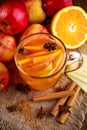 Hot Mulled apple cider with cinnamon, cloves, anise and Orange