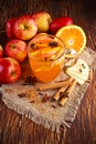 Hot Mulled apple cider with cinnamon, cloves, anise and Orange Royalty Free Stock Photo