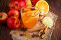 Hot Mulled apple cider with cinnamon, cloves, anise and Orange Royalty Free Stock Photo