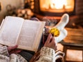 Hot mulled wine and book in woman hands. Royalty Free Stock Photo