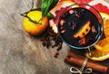 Hot mulled wine with cinnamon, slice of orange, anise and other spices Royalty Free Stock Photo