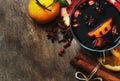 Hot mulled wine with cinnamon, slice of orange, anise and other spices Royalty Free Stock Photo