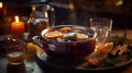 hot mulled wine cooked in two saucepan with spices, orange and cranberries on the table with Christmas fir twigs on a dark