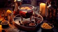 hot mulled wine cooked in two saucepan with spices, orange and cranberries on the table with Christmas fir twigs on a dark