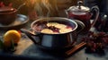 hot mulled wine cooked in two saucepan with spices, orange and cranberries on the table with Christmas fir twigs on a dark