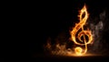 Hot music song concept with fire burning musical note in flames