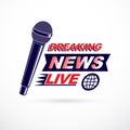 Hot news conceptual logo composed using breaking live news writing and press microphones. Global broadcasting theme illustration.