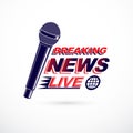 Hot news conceptual logo composed using breaking live news writing and press microphones. Global broadcasting theme illustration.