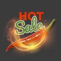 Hot offer card with burning fire and realistic red chili pepper. Sign hot offer illustration background. Hot sale. Vector Royalty Free Stock Photo