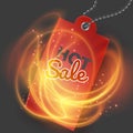 Hot offer card with burning fire and realistic red tag. Sign hot offer illustration background. Hot sale. Vector illustration Royalty Free Stock Photo