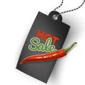 Hot offer card with hot pepper chili and realistic black tag. Sign hot offer illustration background. Hot sale. Vector Royalty Free Stock Photo