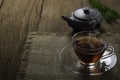 Hot organic teacup with kettle and green tea leaf on sack and wooden table background. Healthy herbal drink for morning makes you Royalty Free Stock Photo