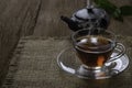 Hot organic teacup with kettle and green tea leaf on sack and wooden table background. Royalty Free Stock Photo