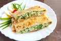 Hot pancake with egg and green onions Royalty Free Stock Photo